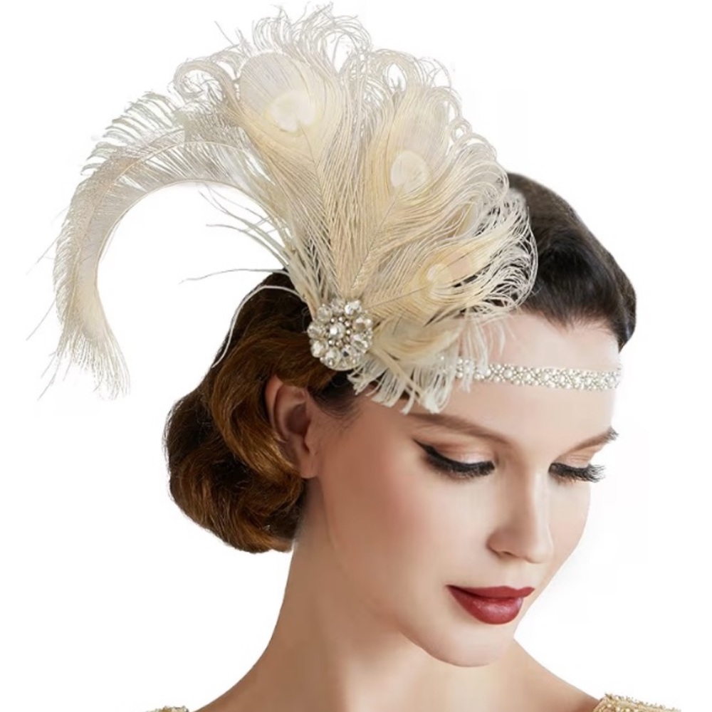 Elegant Cream Feather Headband Flapper Pearl Rhinestone